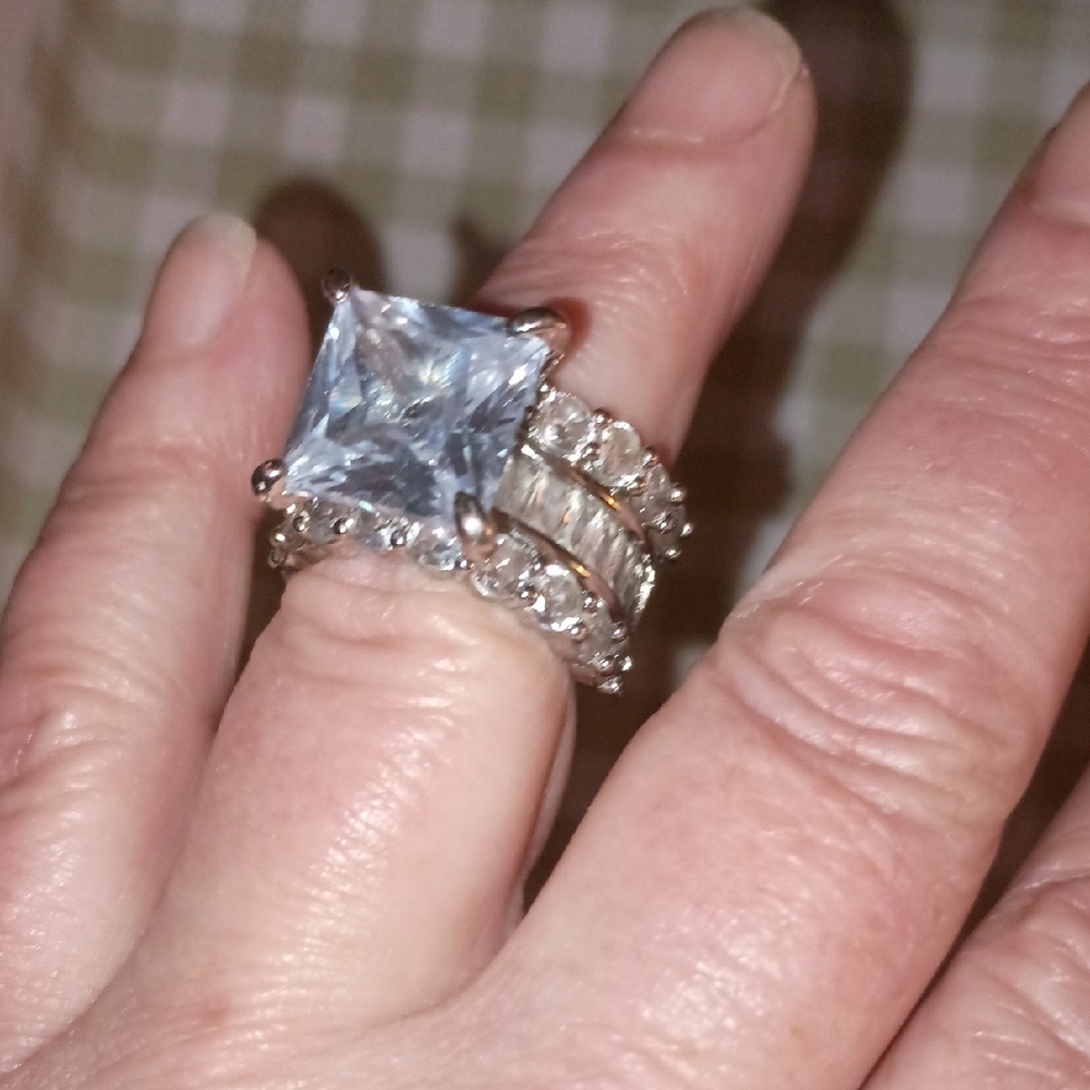 Silver and White Diamond Ring Set with Pave Details